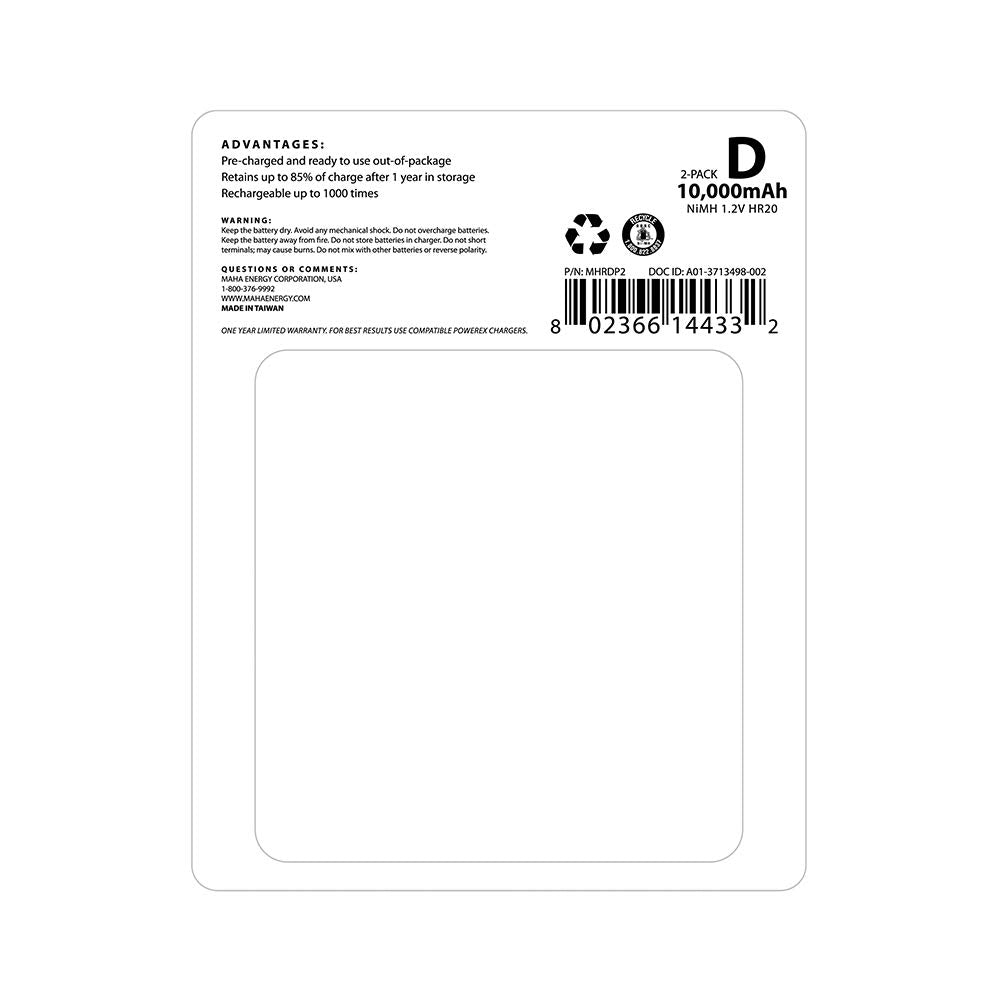 Rechargeable NiMH D Batteries 2-pack E3287