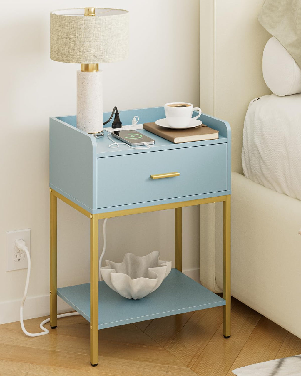 Gold and Blue 3-Tier Nightstand with Charging Station A19381