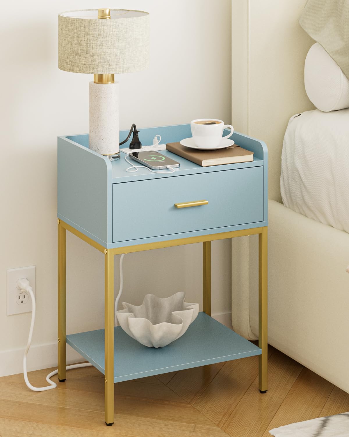 Gold and Blue 3-Tier Nightstand with Charging Station A19381
