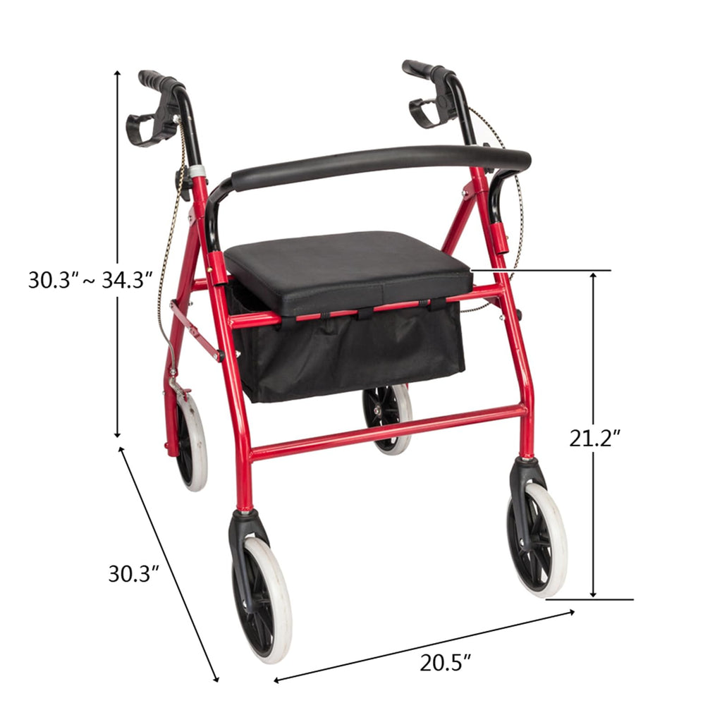 Heavy Duty Upright Rollator Walker with Padded Seat, Backrest, Height Adjustable Black & Red Y267651