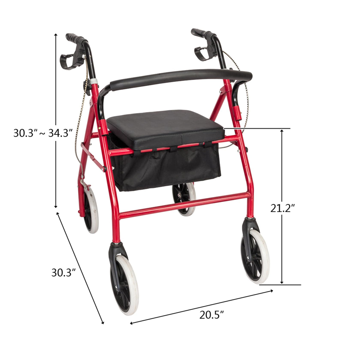 Heavy Duty Upright Rollator Walker with Padded Seat, Backrest, Height Adjustable Black & Red Y267651