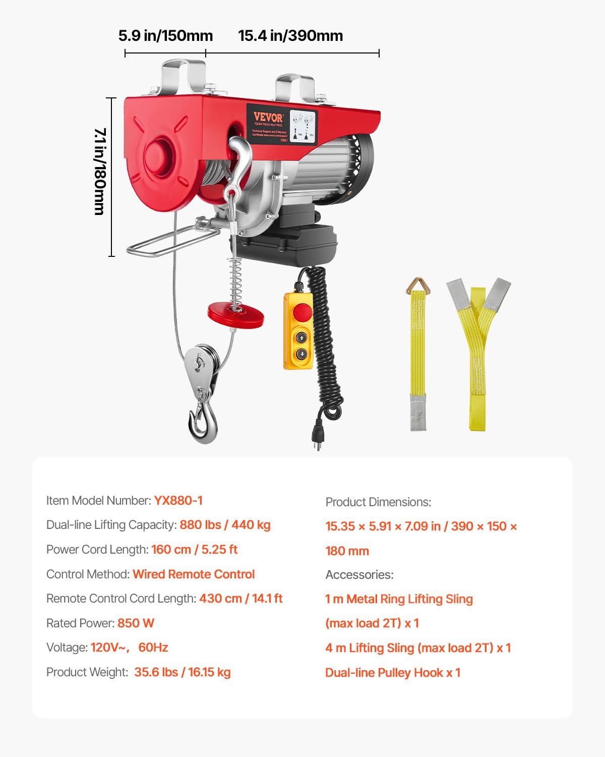 880lbs Electric Hoist with Wired Remote Control G1737