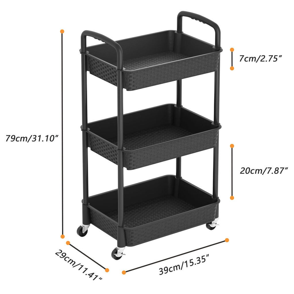 3-Tier Plastic Rolling Utility Cart with Handle H60664