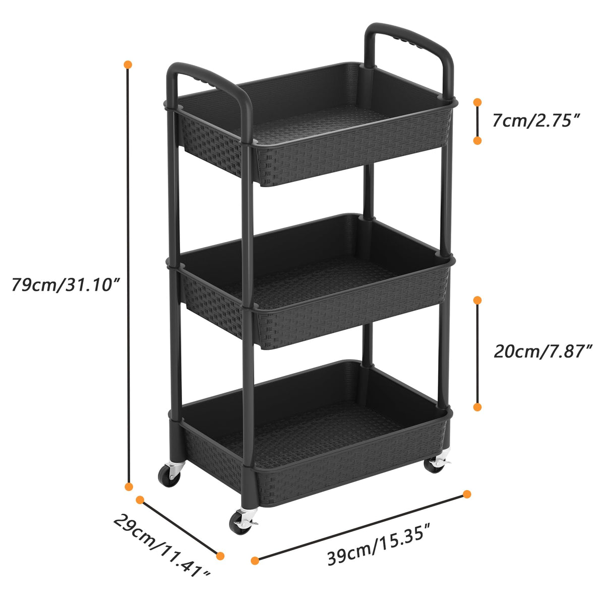3-Tier Plastic Rolling Utility Cart with Handle H60664