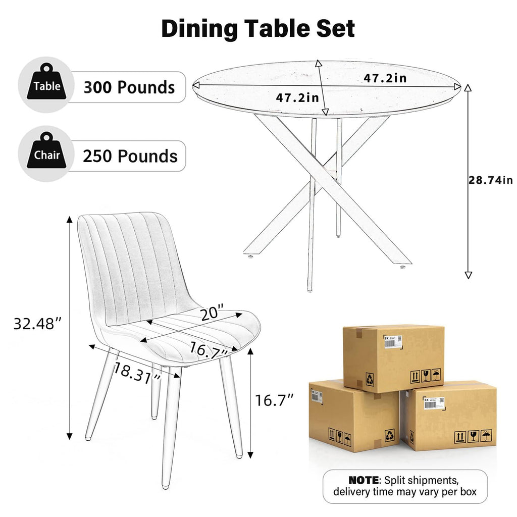 47" Walnut Round Dining Table Set for 4 with 4 Black Upholstered Chairs U710