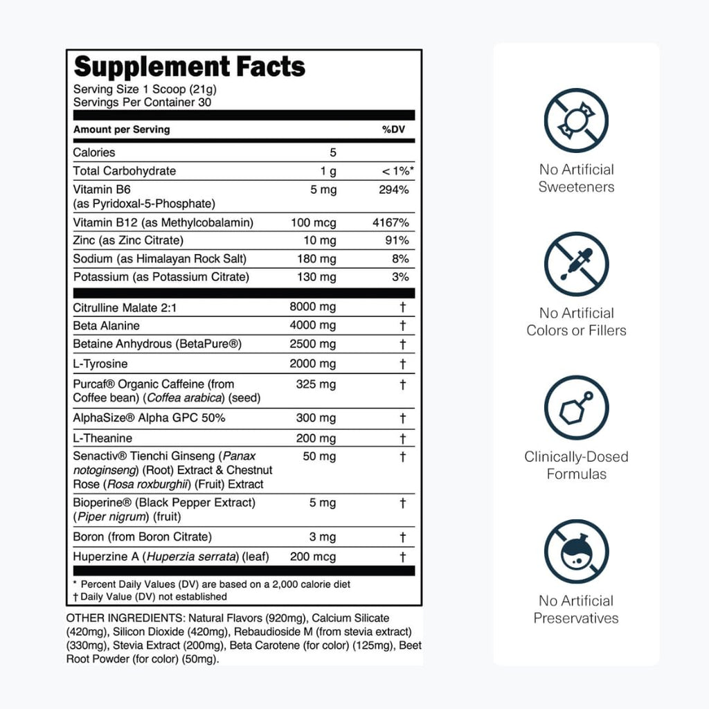 Sugar Free Pre Workout with Beta Alanine, Citrulline Malate & Caffeine, 30 Servings Z709443