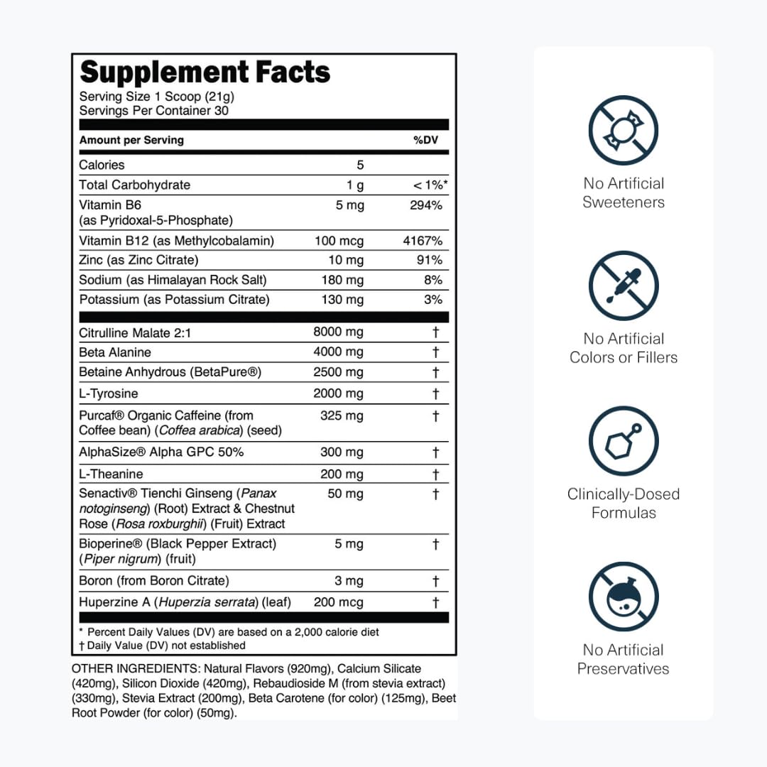 Sugar Free Pre Workout with Beta Alanine, Citrulline Malate & Caffeine, 30 Servings Z709443