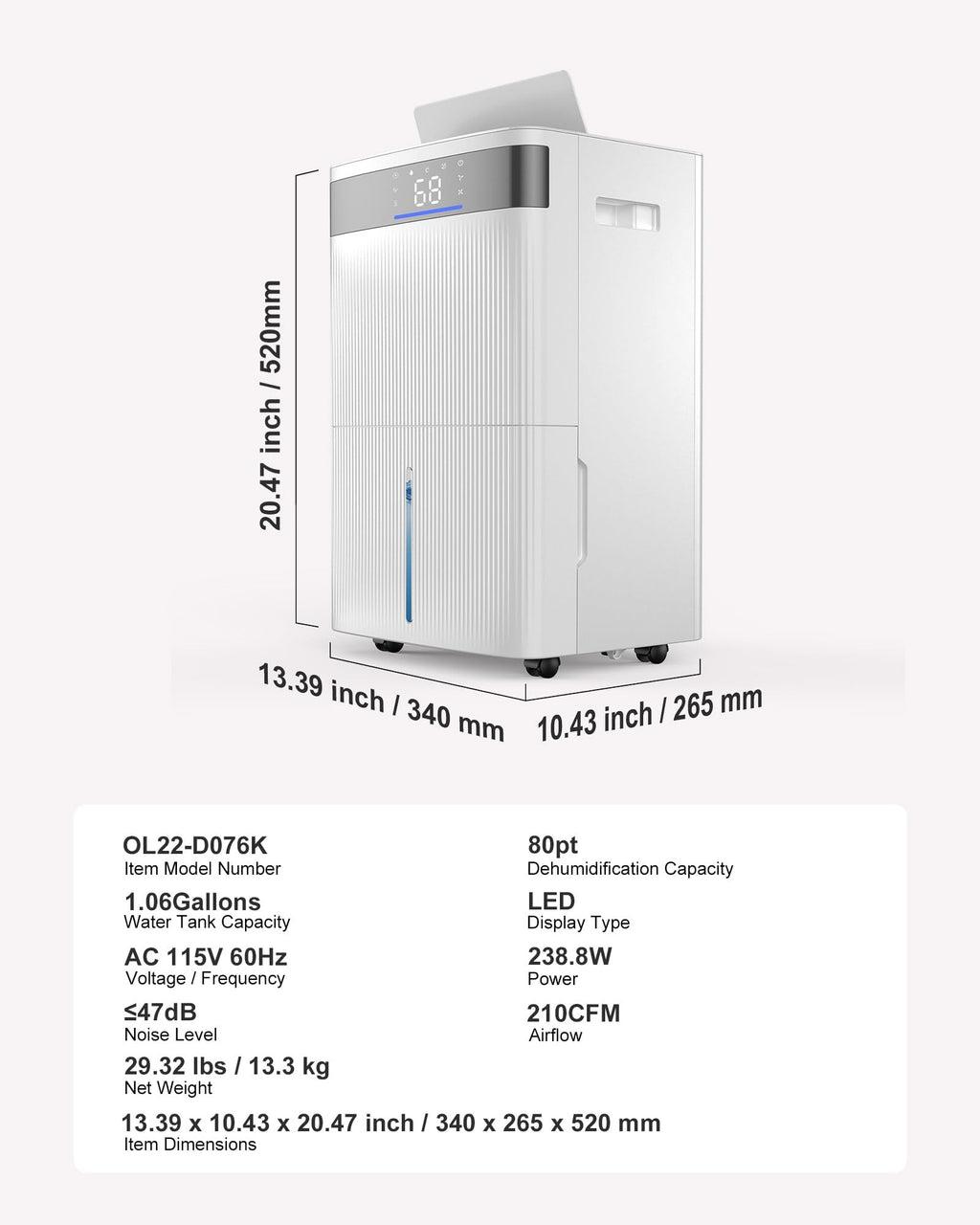 80 Pints Dehumidifier with Drain Hose Y5521