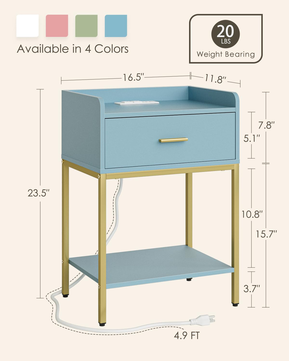 Gold and Blue 3-Tier Nightstand with Charging Station A19381