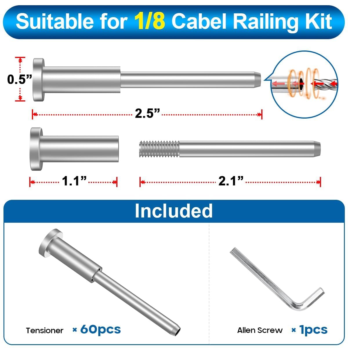 60 Pack T316 Stainless Steel 1/8" Cable Railing Kit Z5425