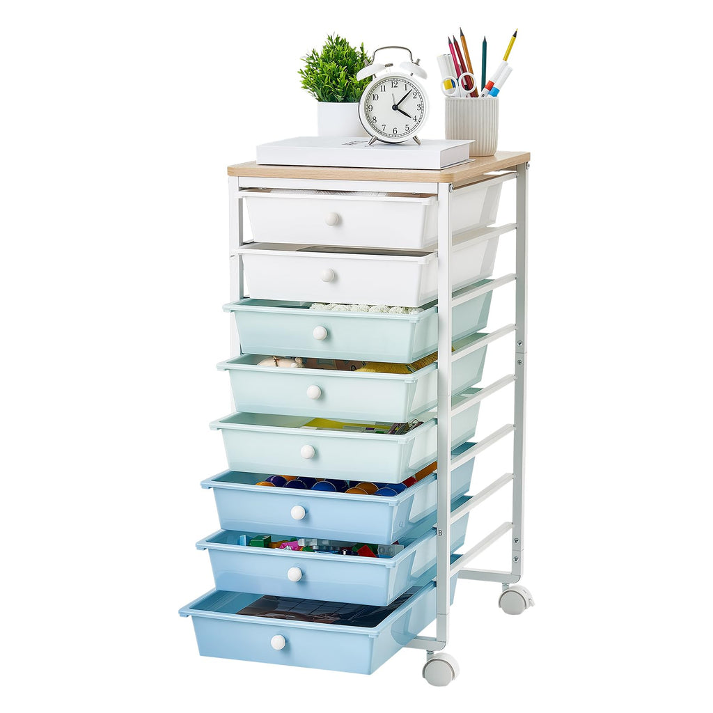 8 Drawer Rolling Storage Cart with Wood Top V6253