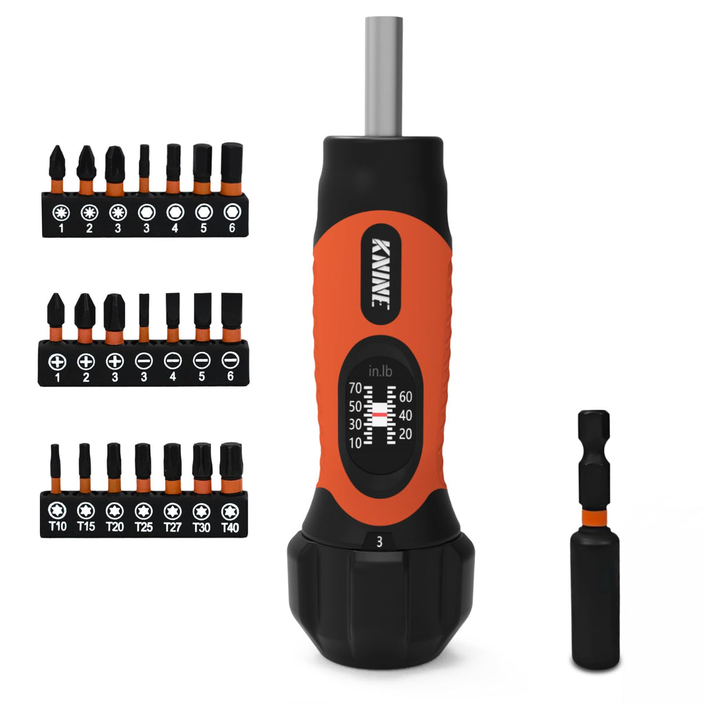 Torque Screwdriver Wrench Set 10-70 Inch Pounds 21 Hex Bits Orange S718