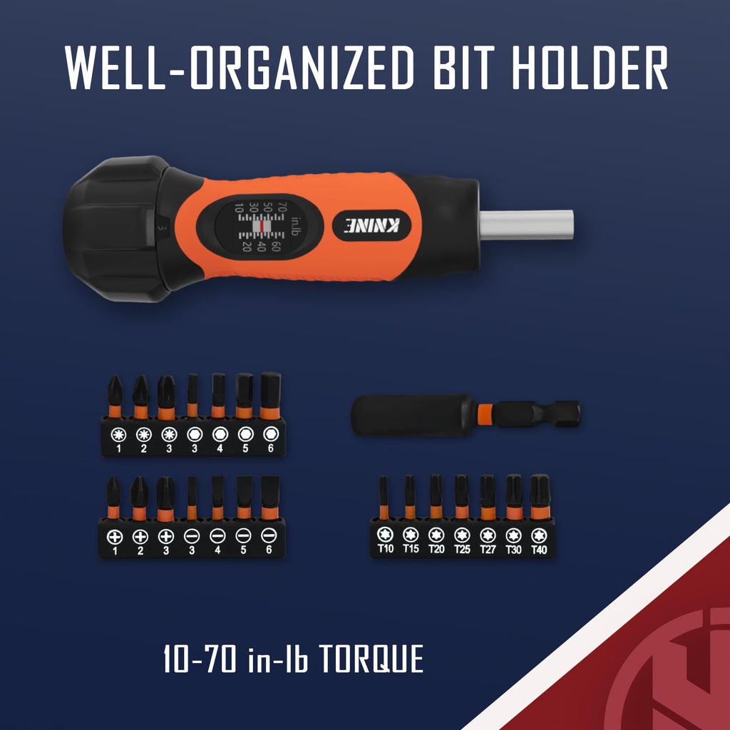 Torque Screwdriver Wrench Set 10-70 Inch Pounds 21 Hex Bits Orange S718
