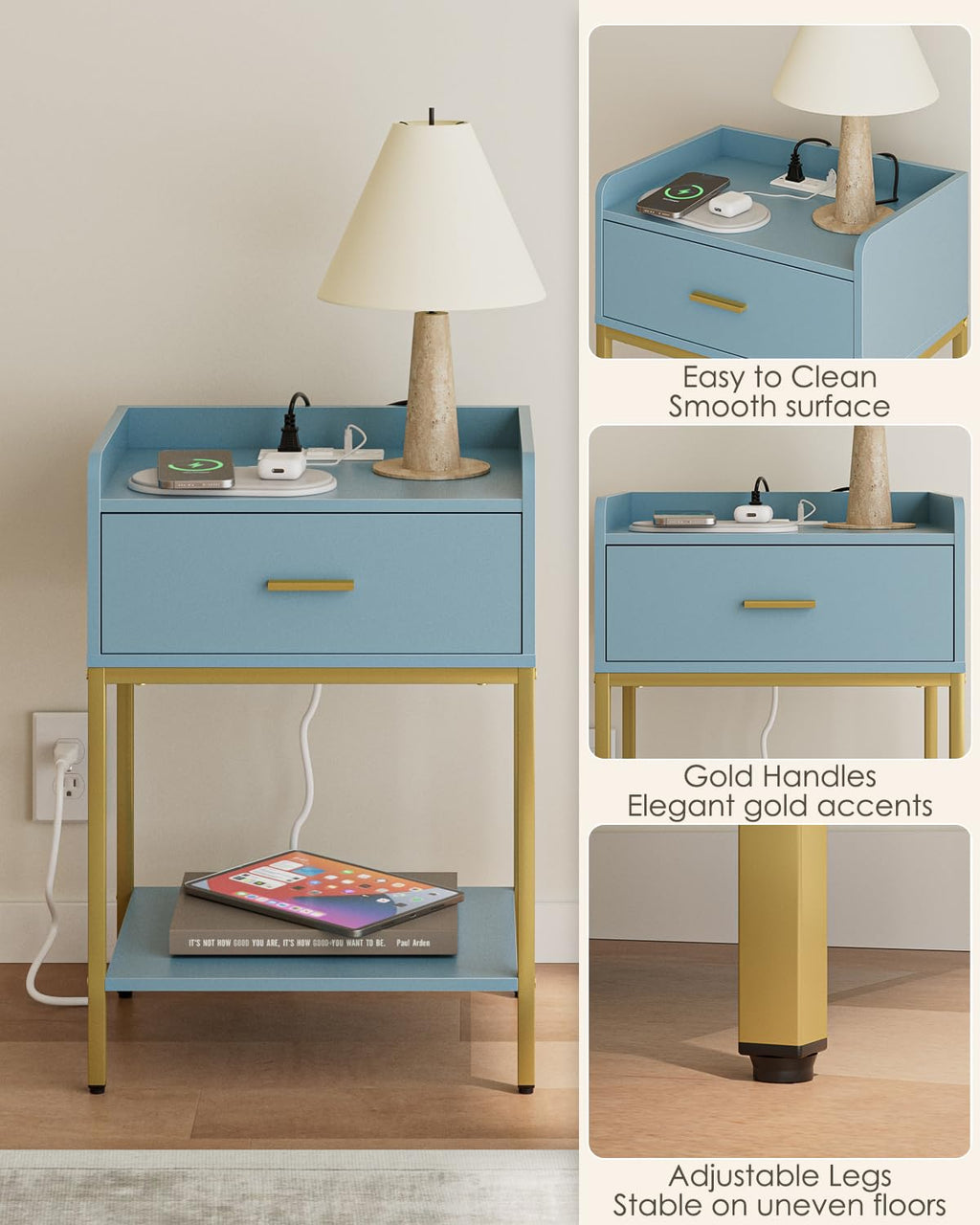 Gold and Blue 3-Tier Nightstand with Charging Station A19381