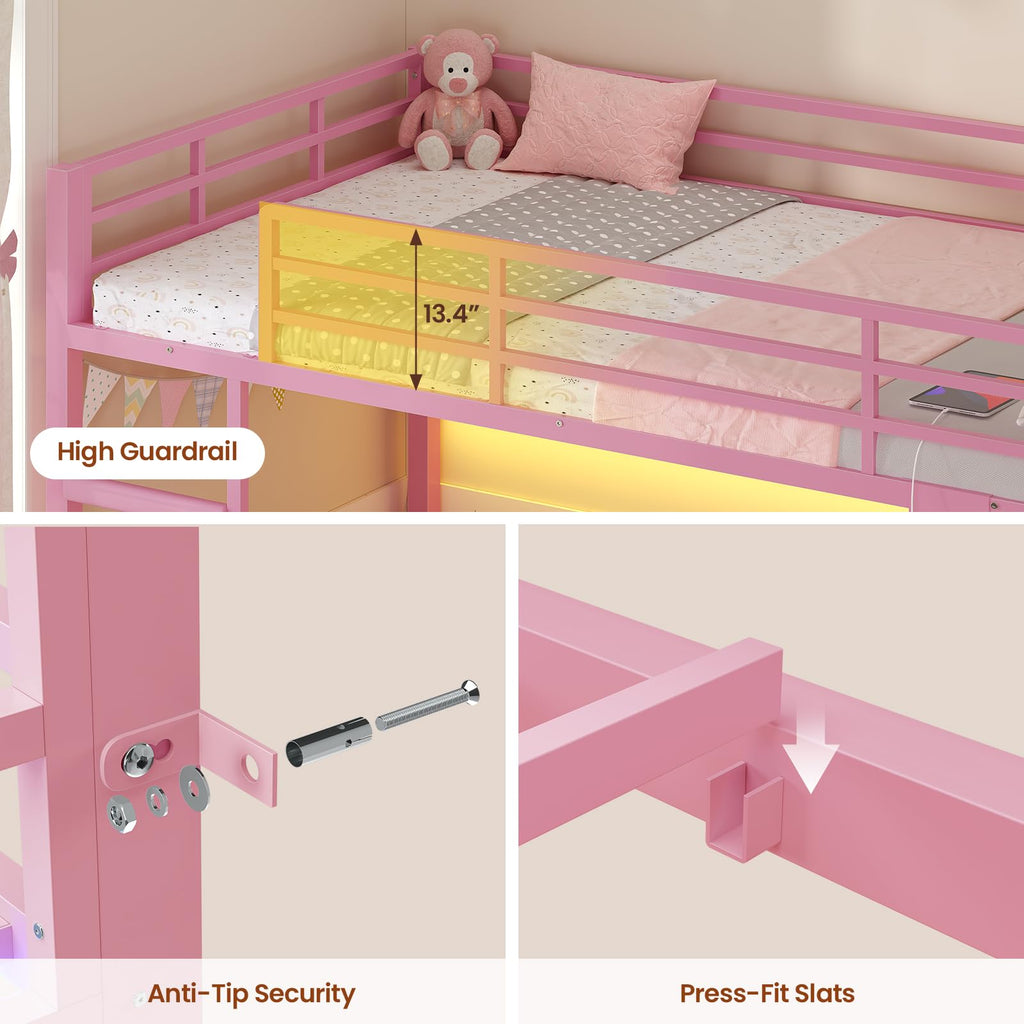 Pink Twin Over Twin Bunk Bed with Bookshelf & Storage Drawer C876
