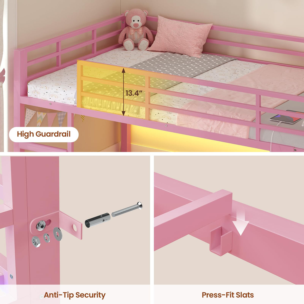 Pink Twin Over Twin Bunk Bed with Bookshelf & Storage Drawer C876