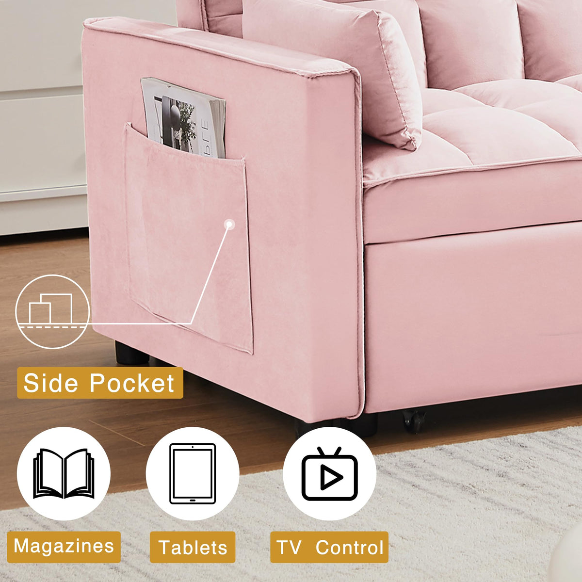 3 in 1 Convertible Sleeper Sofa Bed Velvet Pink M88475