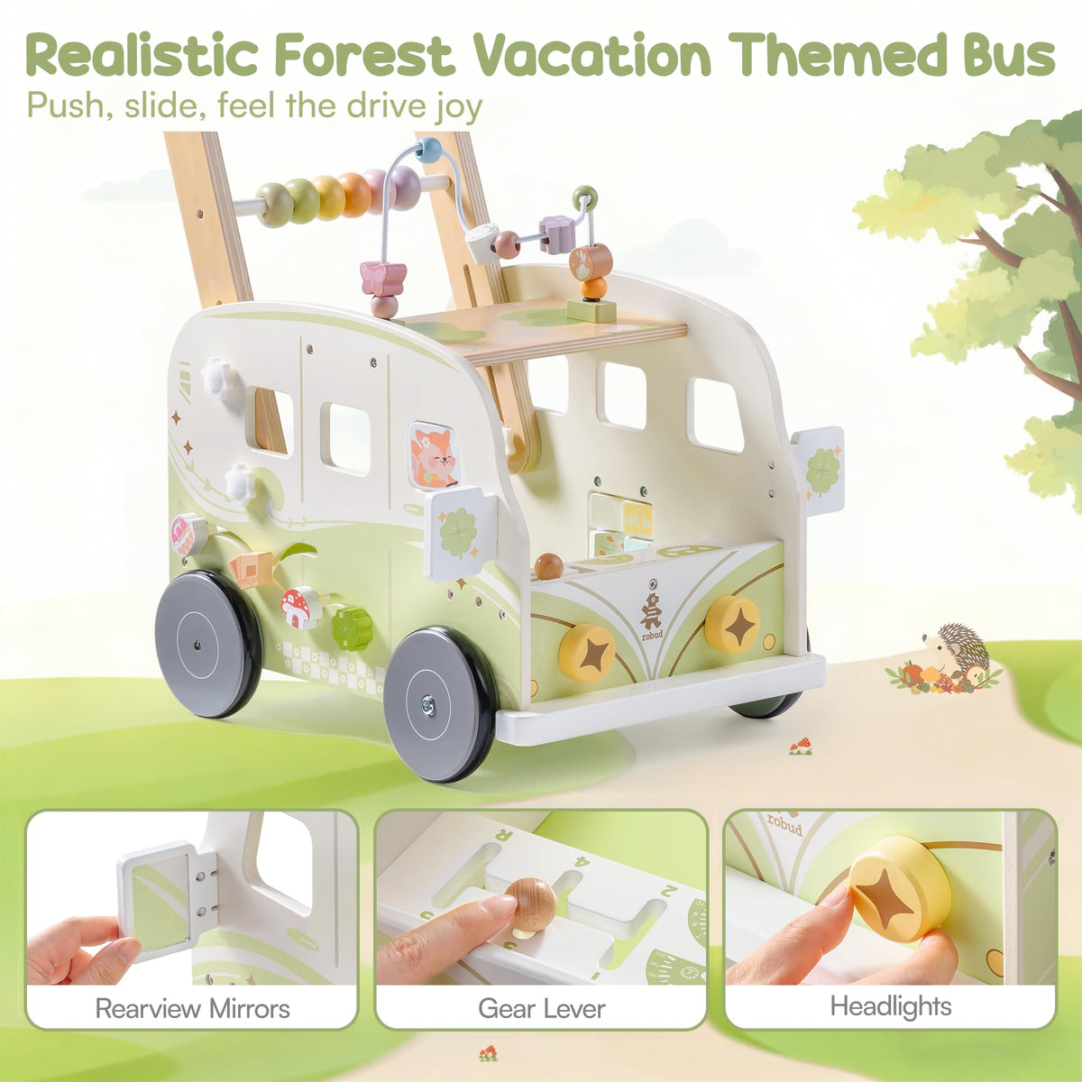 Wooden Adjustable Baby Push Walker with Anti-Slip Wheels N78383