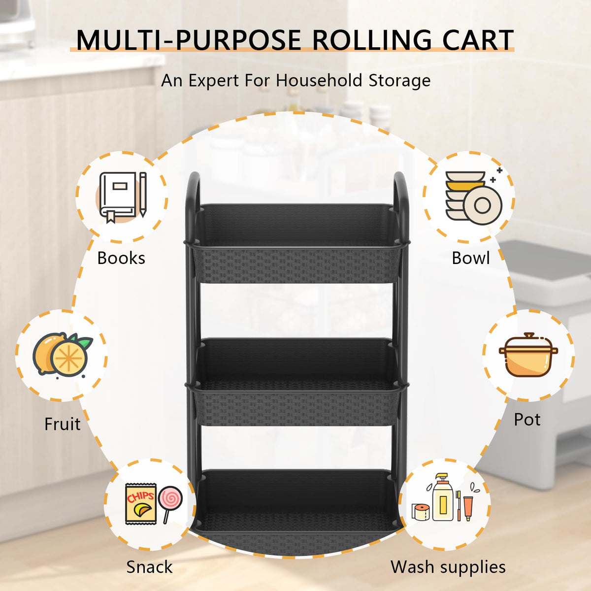 3-Tier Plastic Rolling Utility Cart with Handle H60664