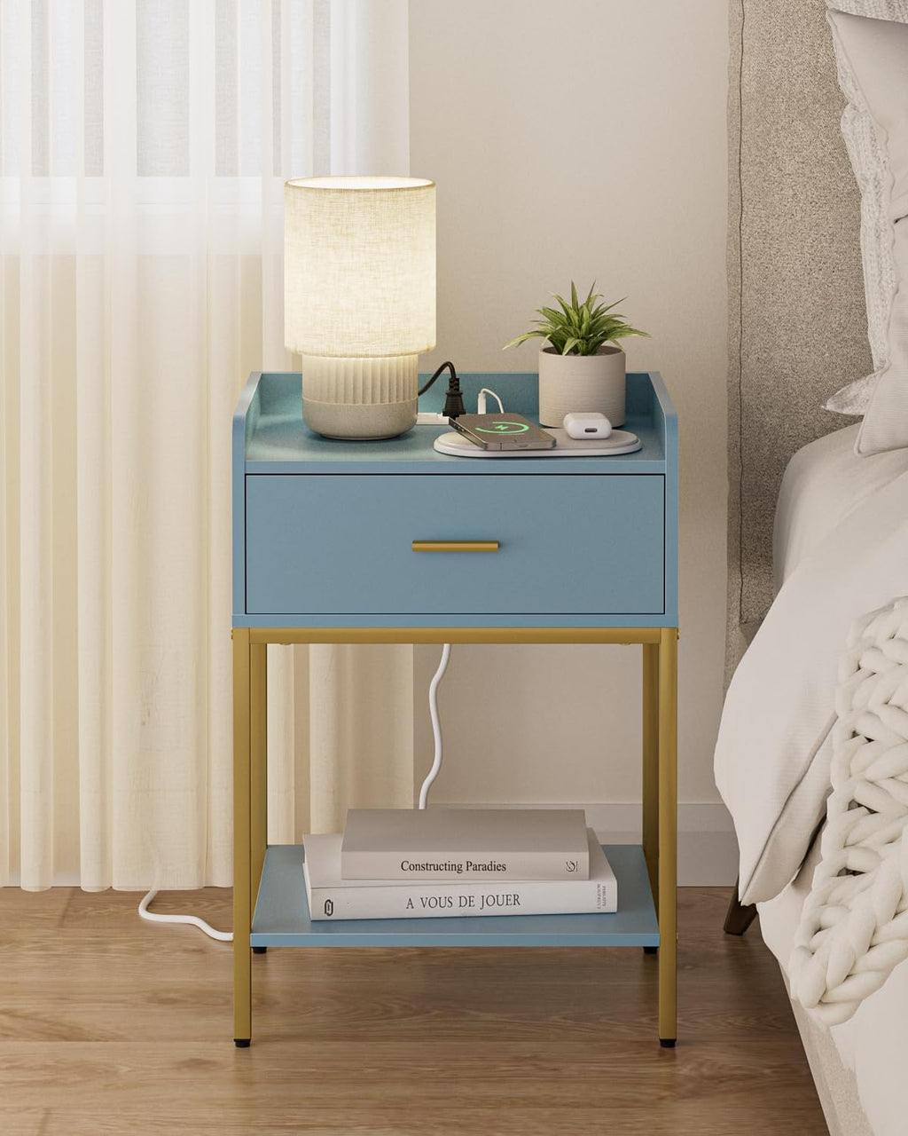 Gold and Blue 3-Tier Nightstand with Charging Station A19381