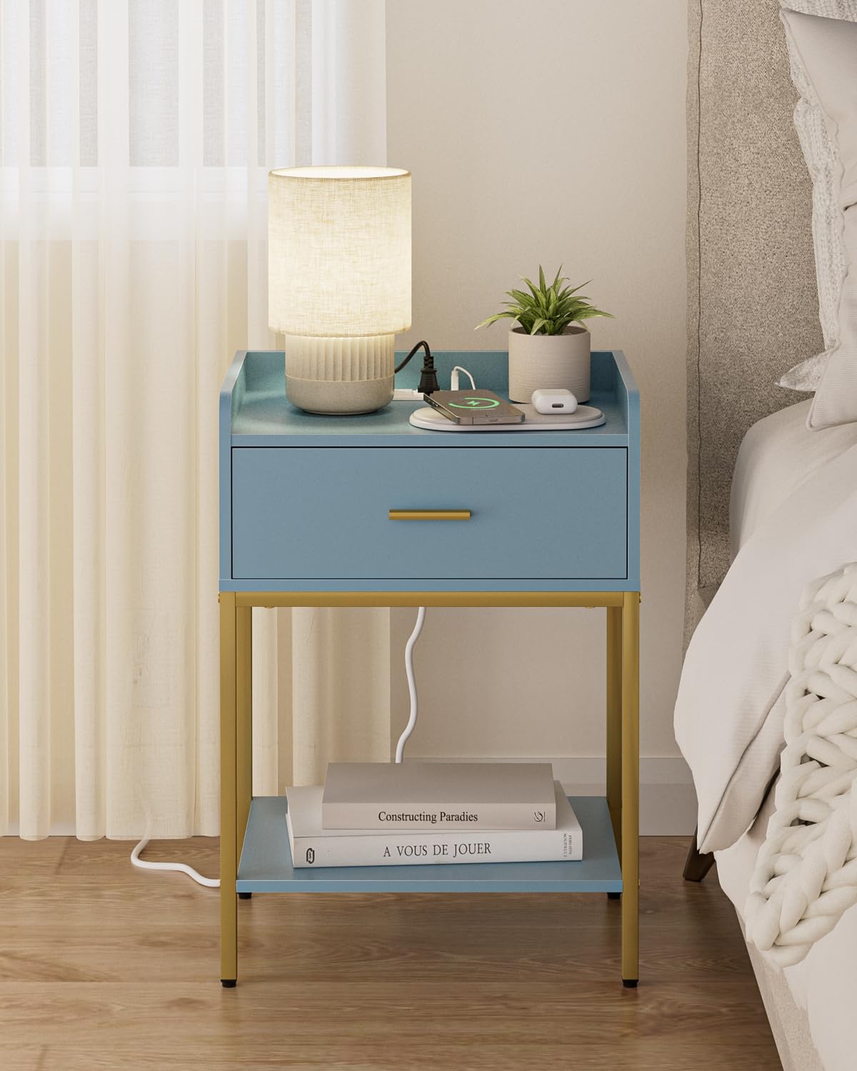 Gold and Blue 3-Tier Nightstand with Charging Station A19381