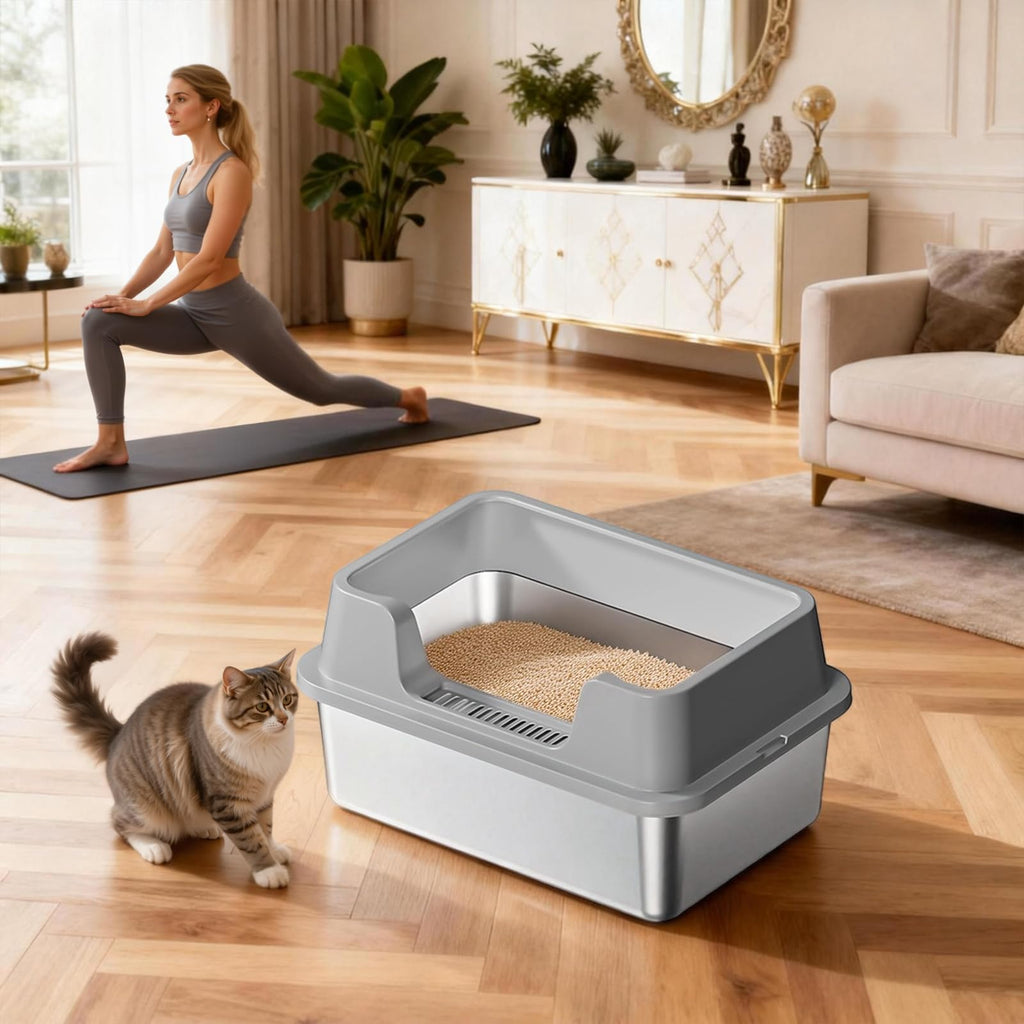 XL Stainless Steel Enclosed Cat Litter Box with Scoop A6697