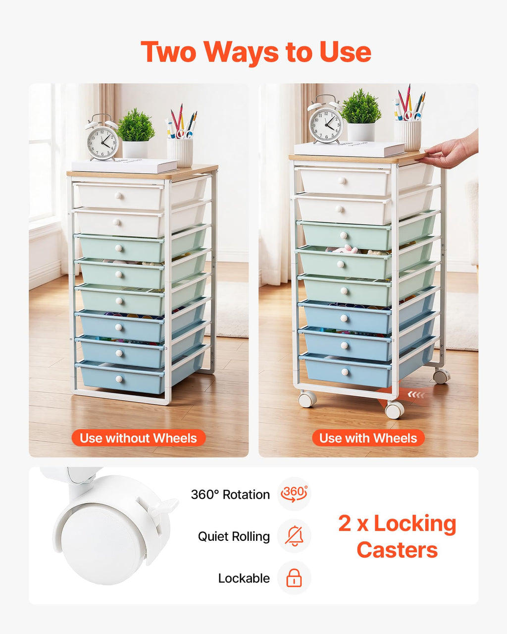 8 Drawer Rolling Storage Cart with Wood Top V6253