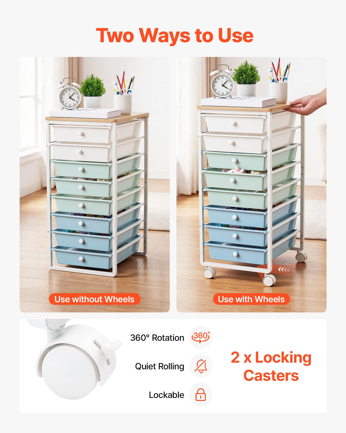 8 Drawer Rolling Storage Cart with Wood Top V6253