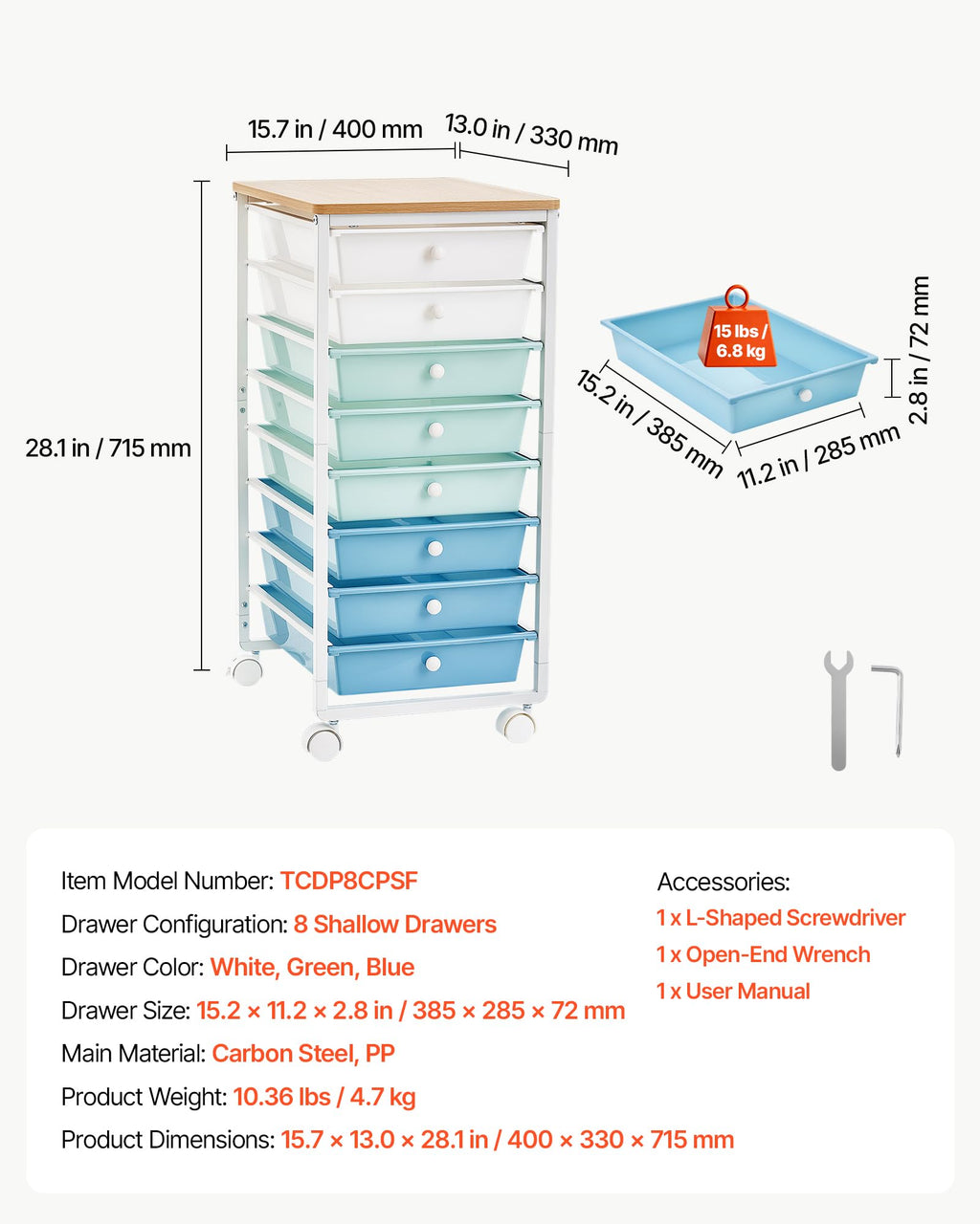 8 Drawer Rolling Storage Cart with Wood Top V6253