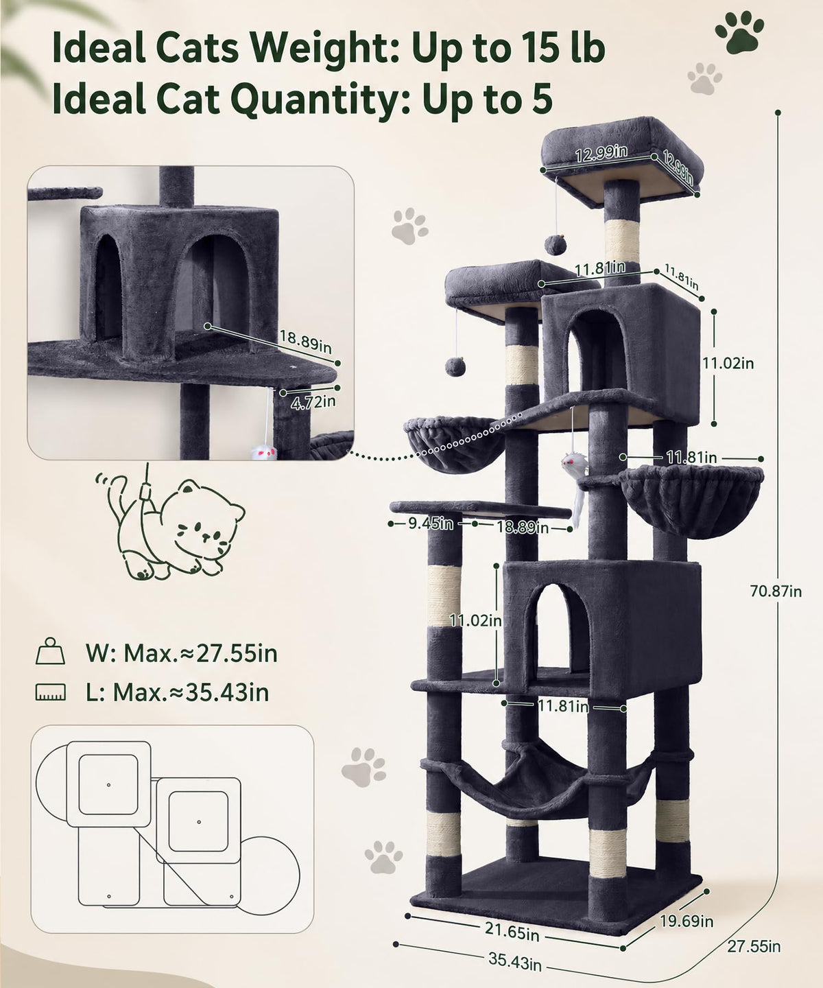 70 Inch Heavy Duty Cat Tree W8155