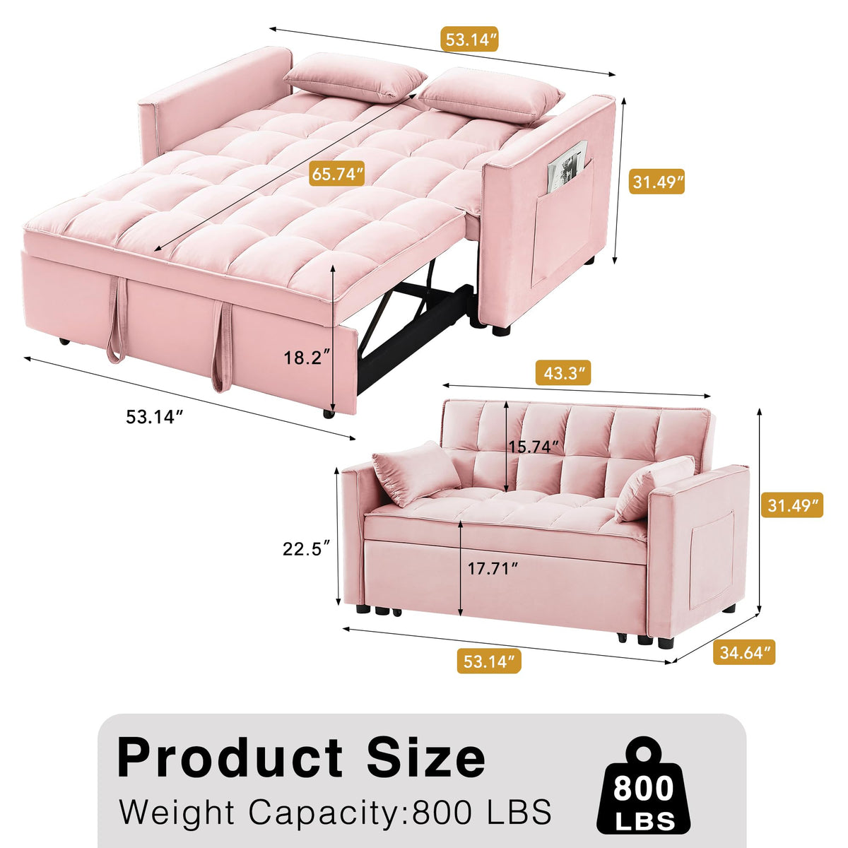 3 in 1 Convertible Sleeper Sofa Bed Velvet Pink M88475