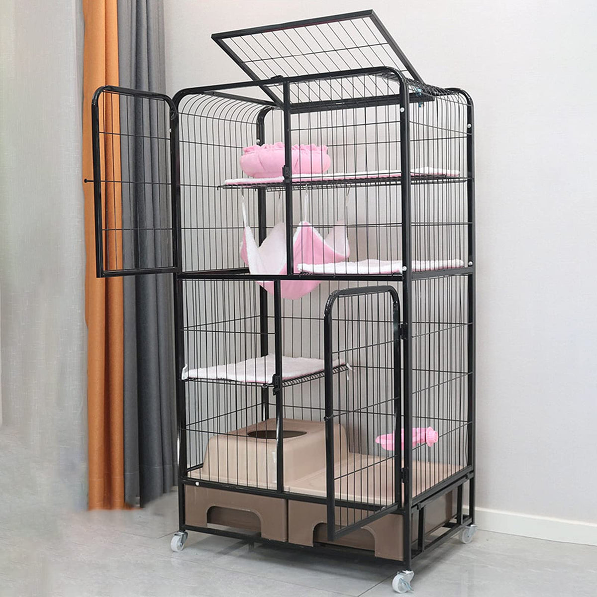 Black Four Layer Metal Cat Cage Dog Crate V73980