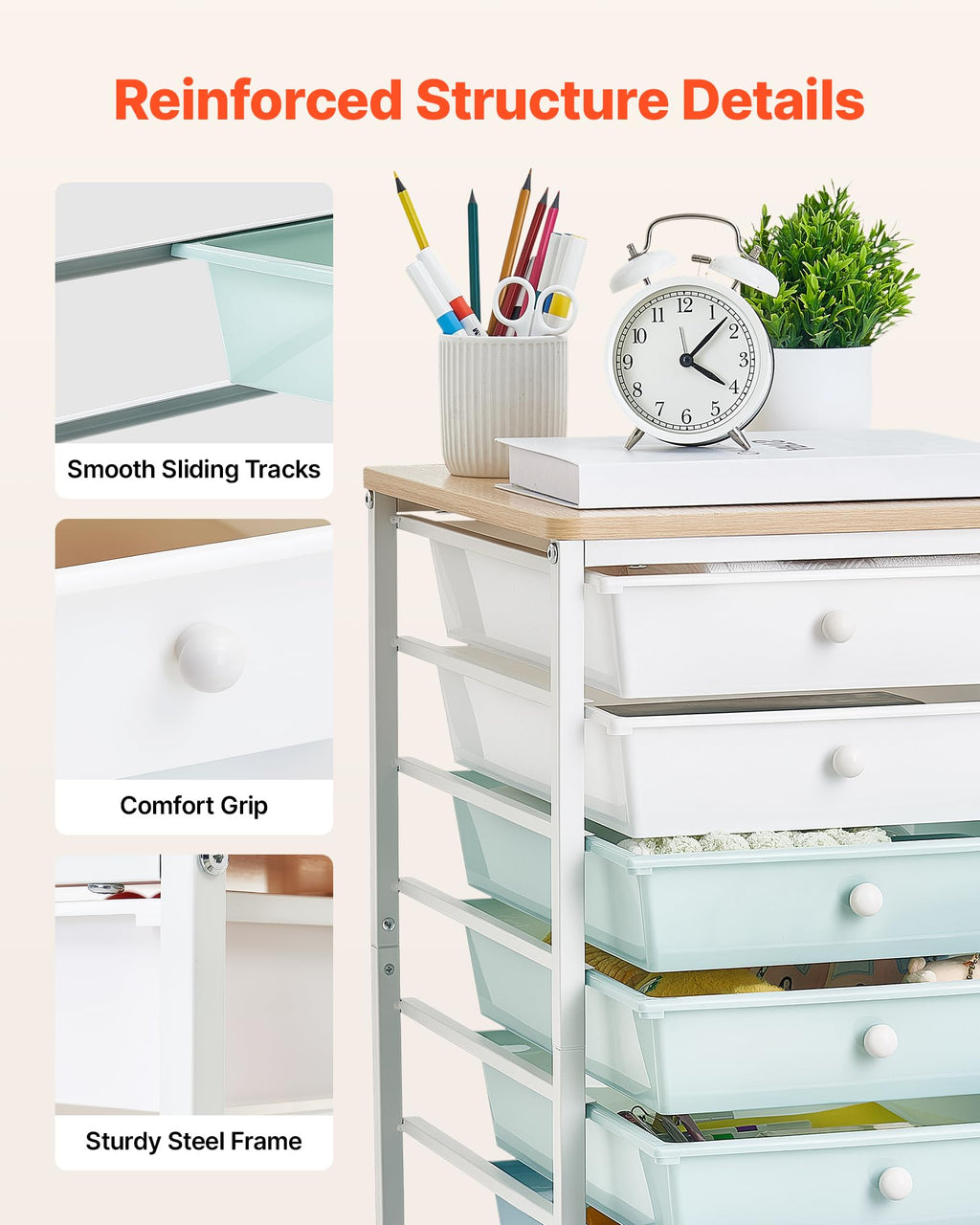 8 Drawer Rolling Storage Cart with Wood Top V6253