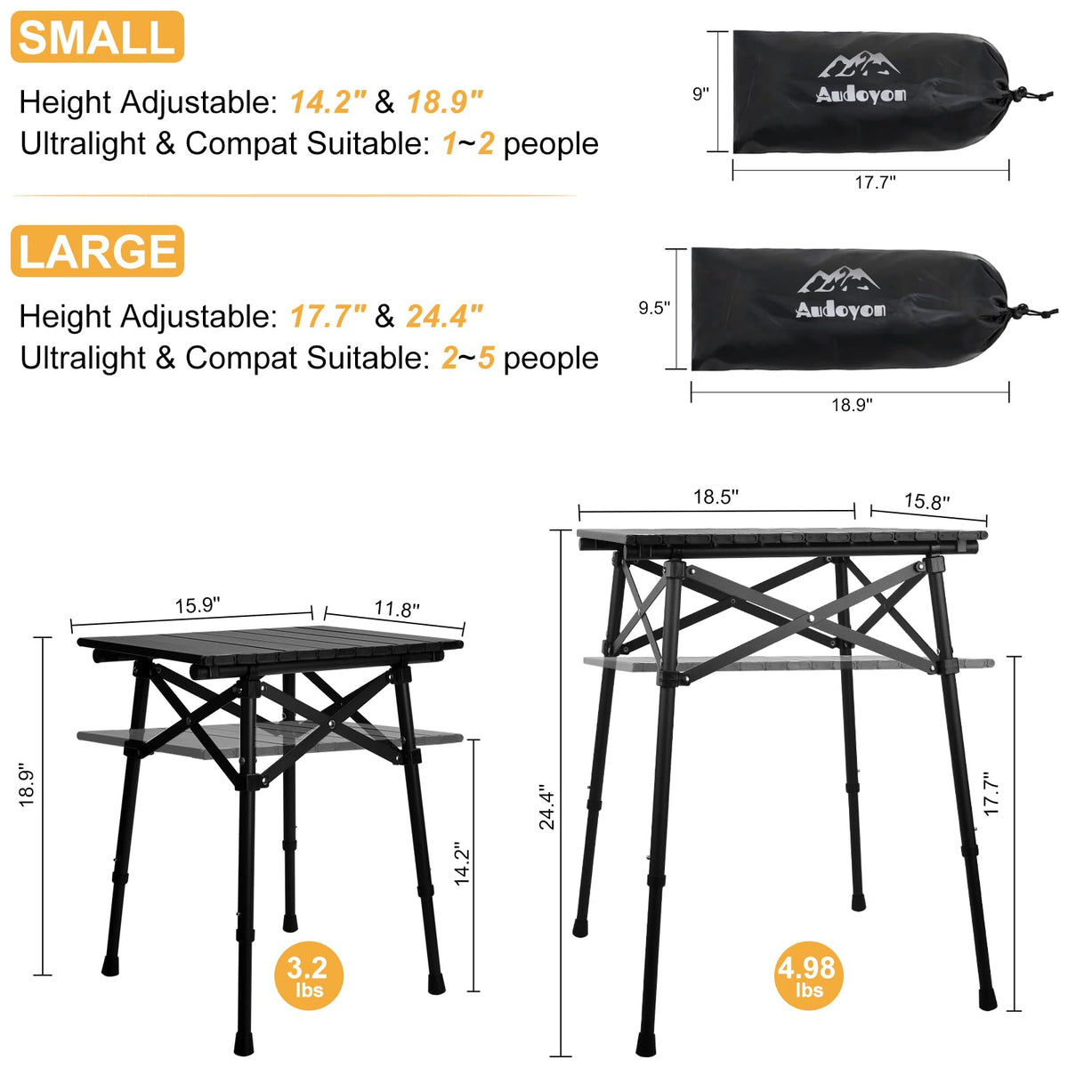Folding Camping Side Table, Adjustable Height L356