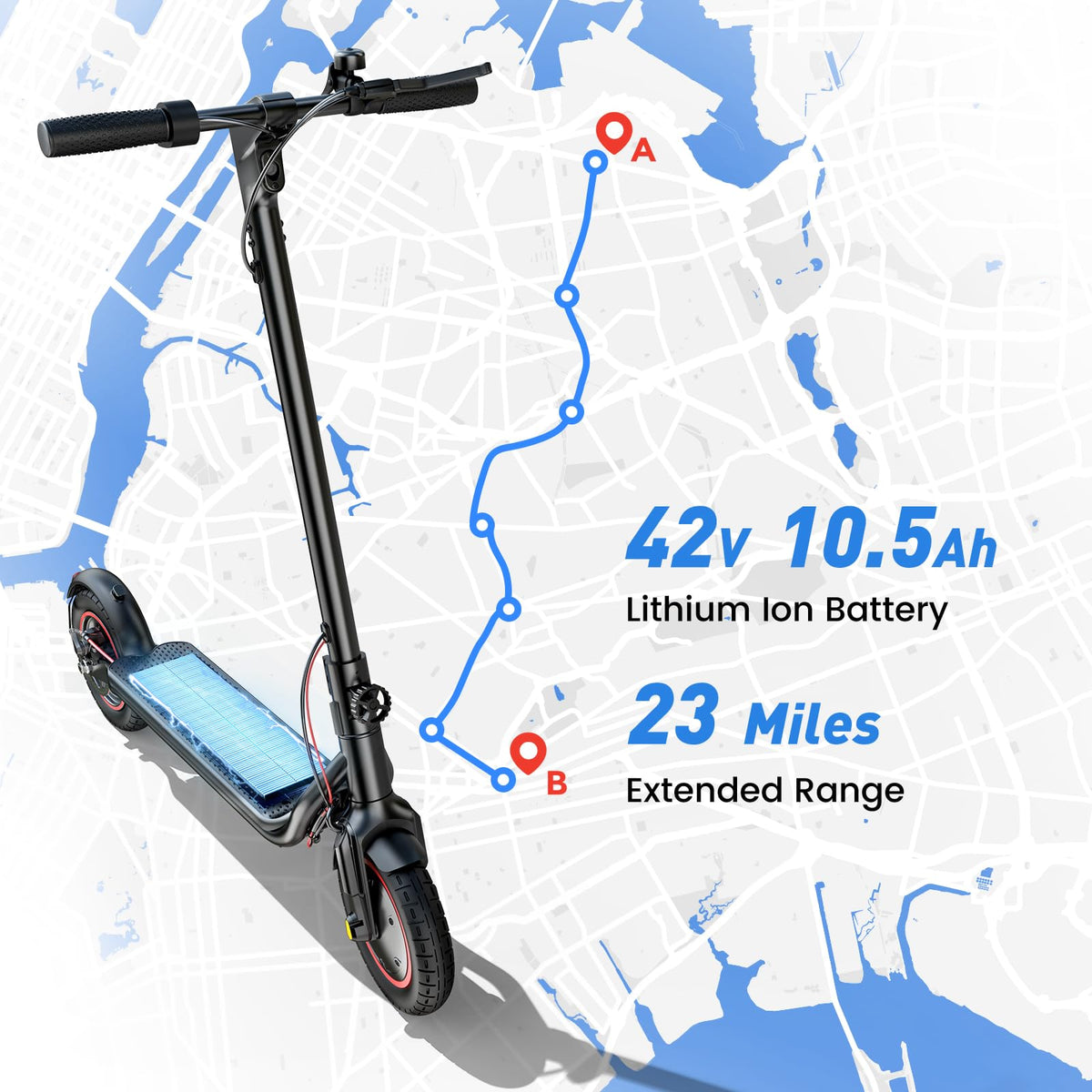 Electric Scooter, 28 Miles Range, 23 MPH Speed, 10" Tire, 1000W Motor, Foldable W352267