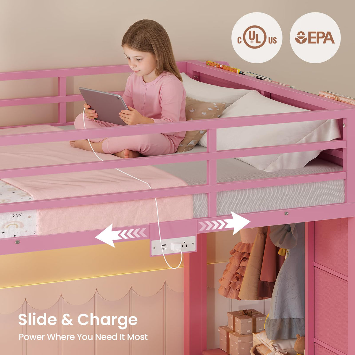 Pink Twin Over Twin Bunk Bed with Bookshelf & Storage Drawer C876