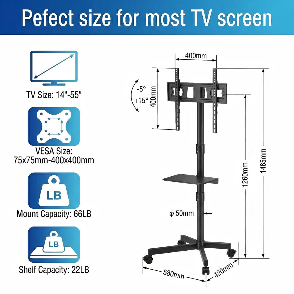 Rolling TV Stand for 14-55 Inch TV, Mobile TV Cart on Wheels, Max VESA 400x400mm, Holds 66 lbs E351