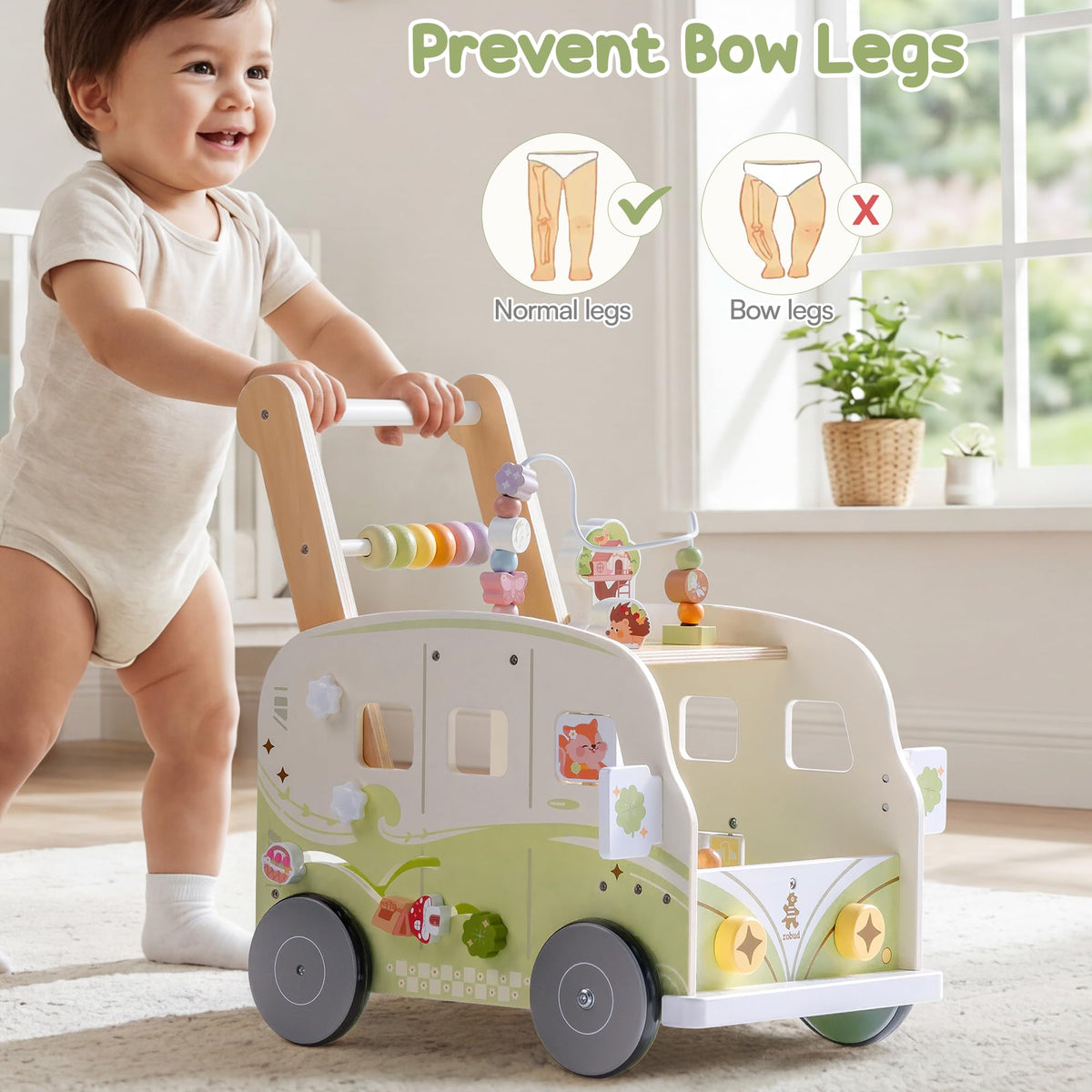 Wooden Adjustable Baby Push Walker with Anti-Slip Wheels N78383