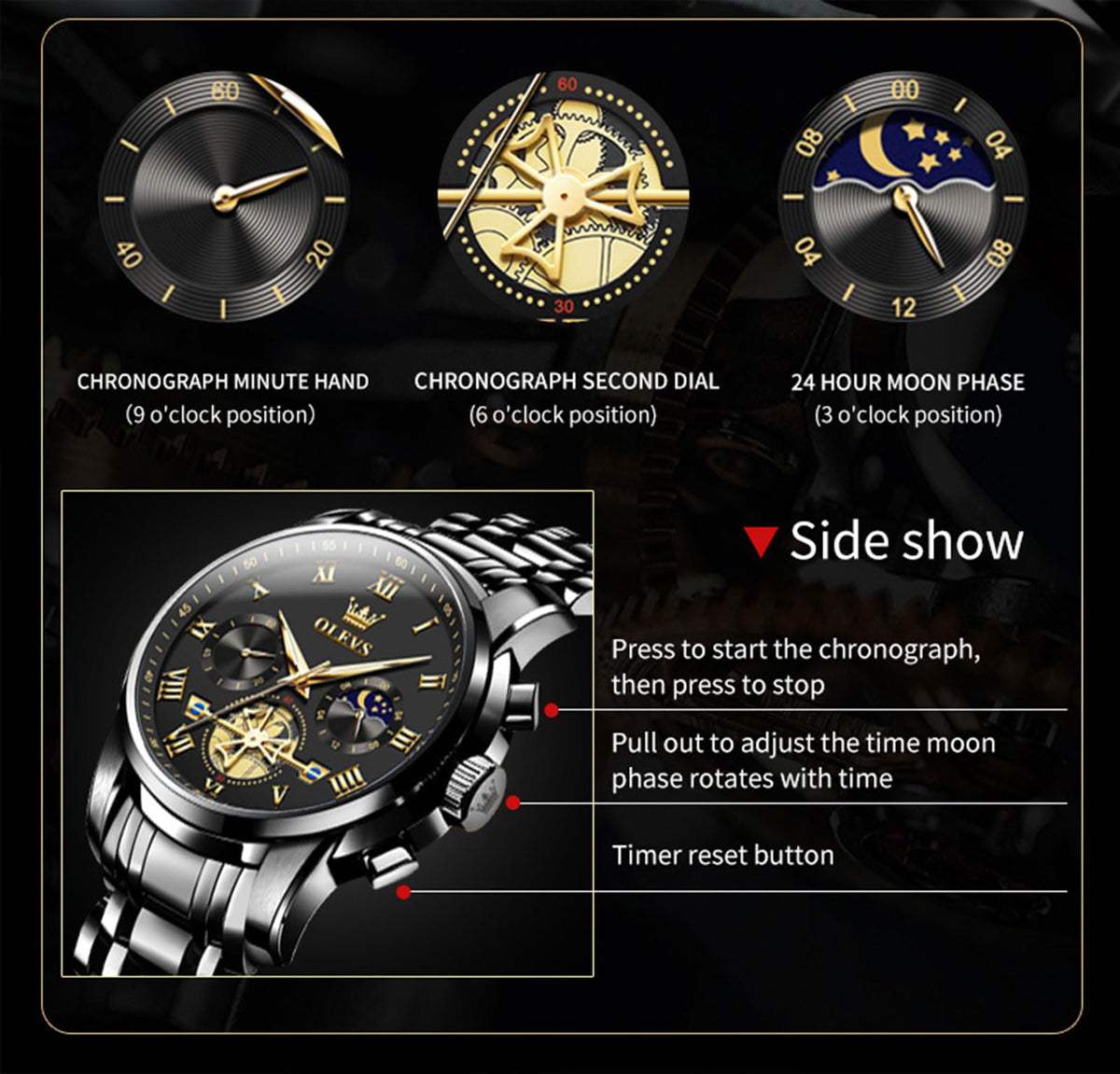 Waterproof Stainless Steel Multifunction Mens Watch F478