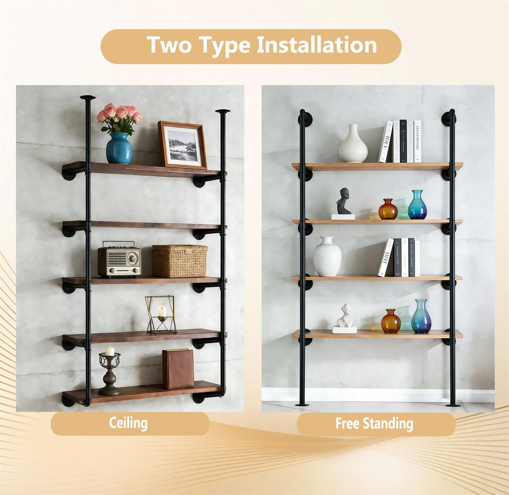 Black Iron Pipe Shelf Bracket, 2Pcs 5 Tier 68" Tall W230363