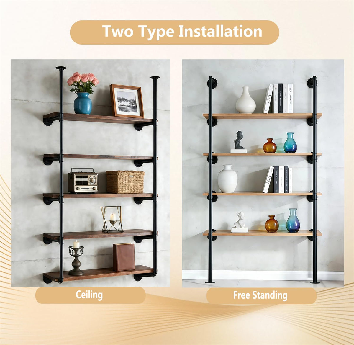 Black Iron Pipe Shelf Bracket, 2Pcs 5 Tier 68" Tall W230363