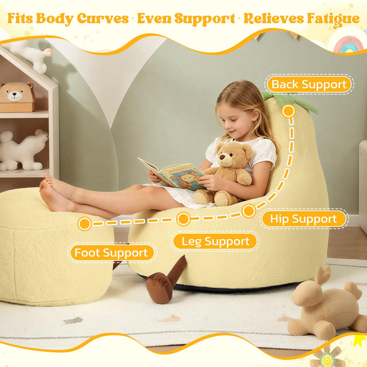 Yellow Faux Rabbit Fur Memory Foam Bean Bag Chair N480383