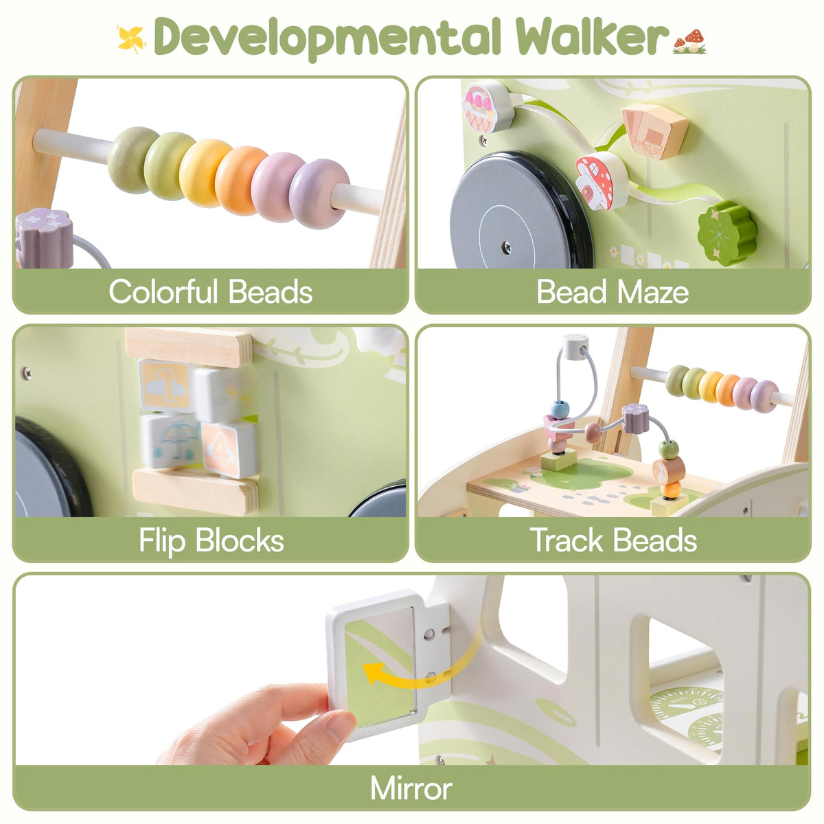 Wooden Adjustable Baby Push Walker with Anti-Slip Wheels N78383