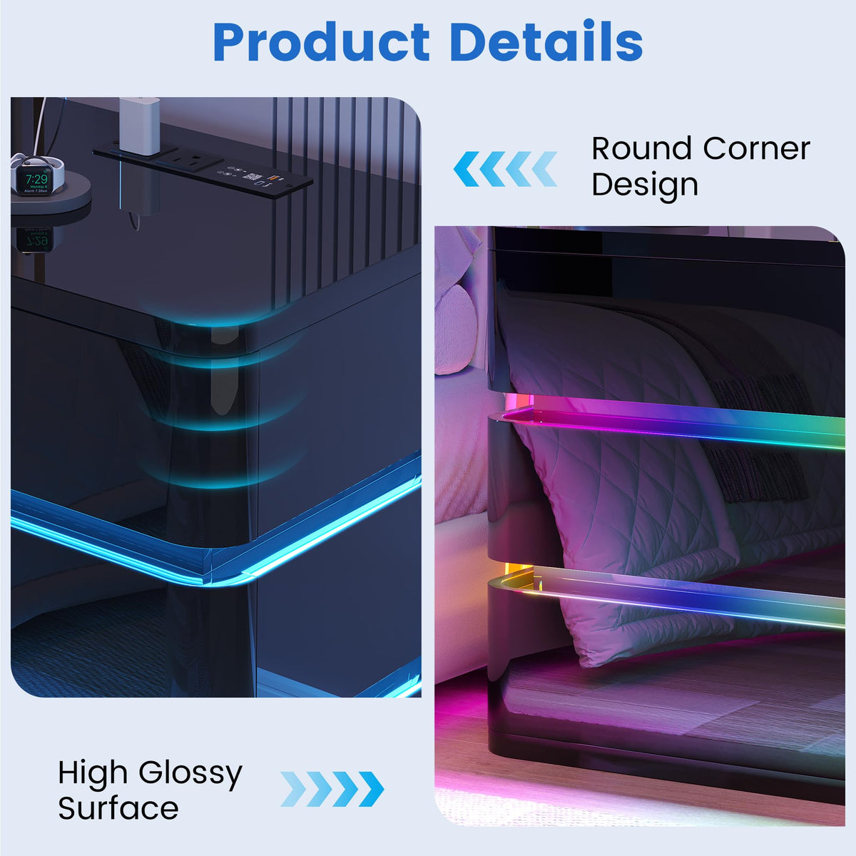 3-Drawer Nightstand with Charging Station & LED Lights Q9238