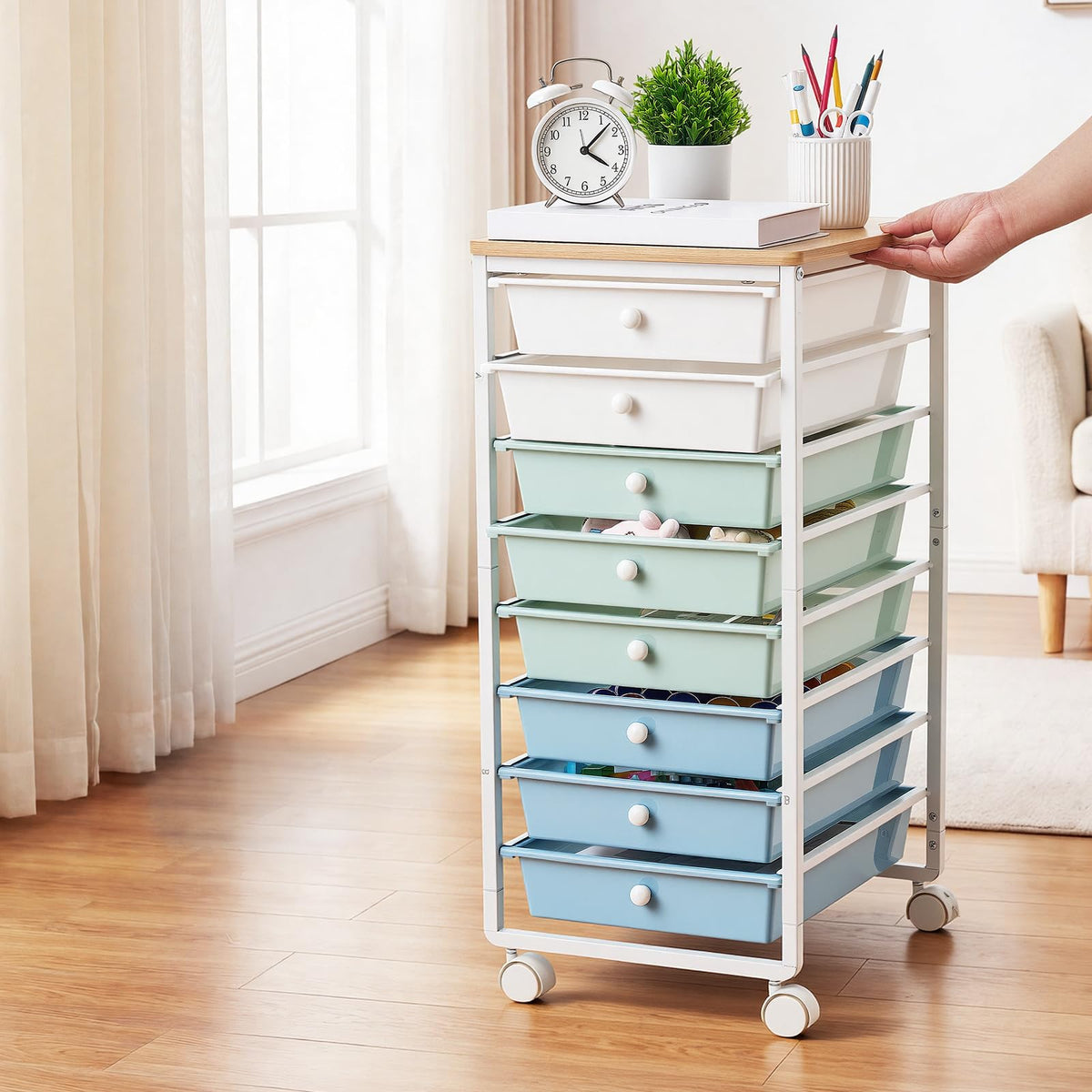 8 Drawer Rolling Storage Cart with Wood Top V6253