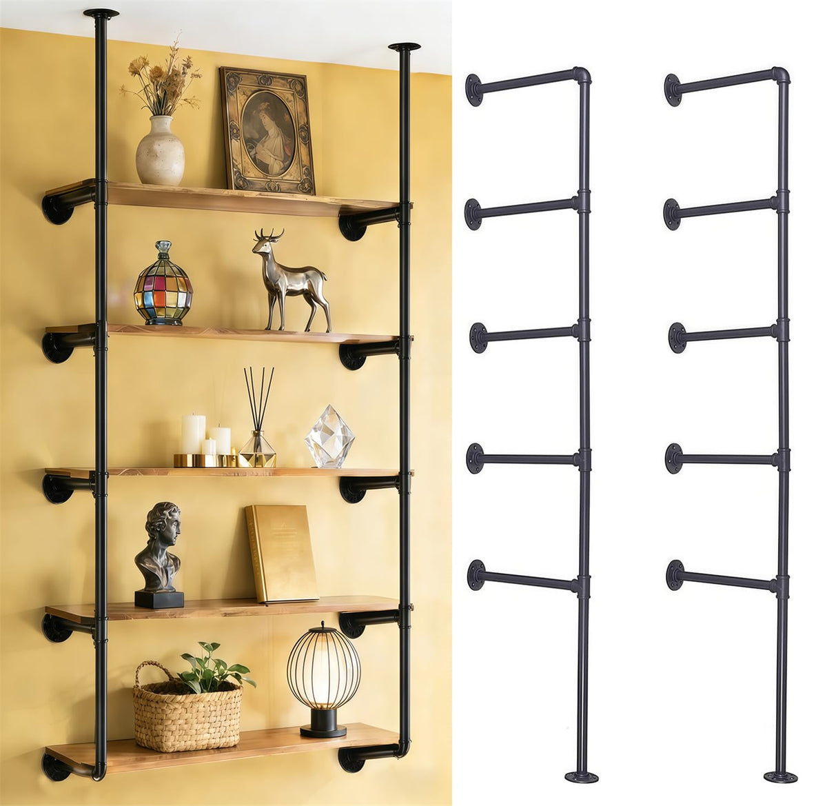 Black Iron Pipe Shelf Bracket, 2Pcs 5 Tier 68" Tall W230363