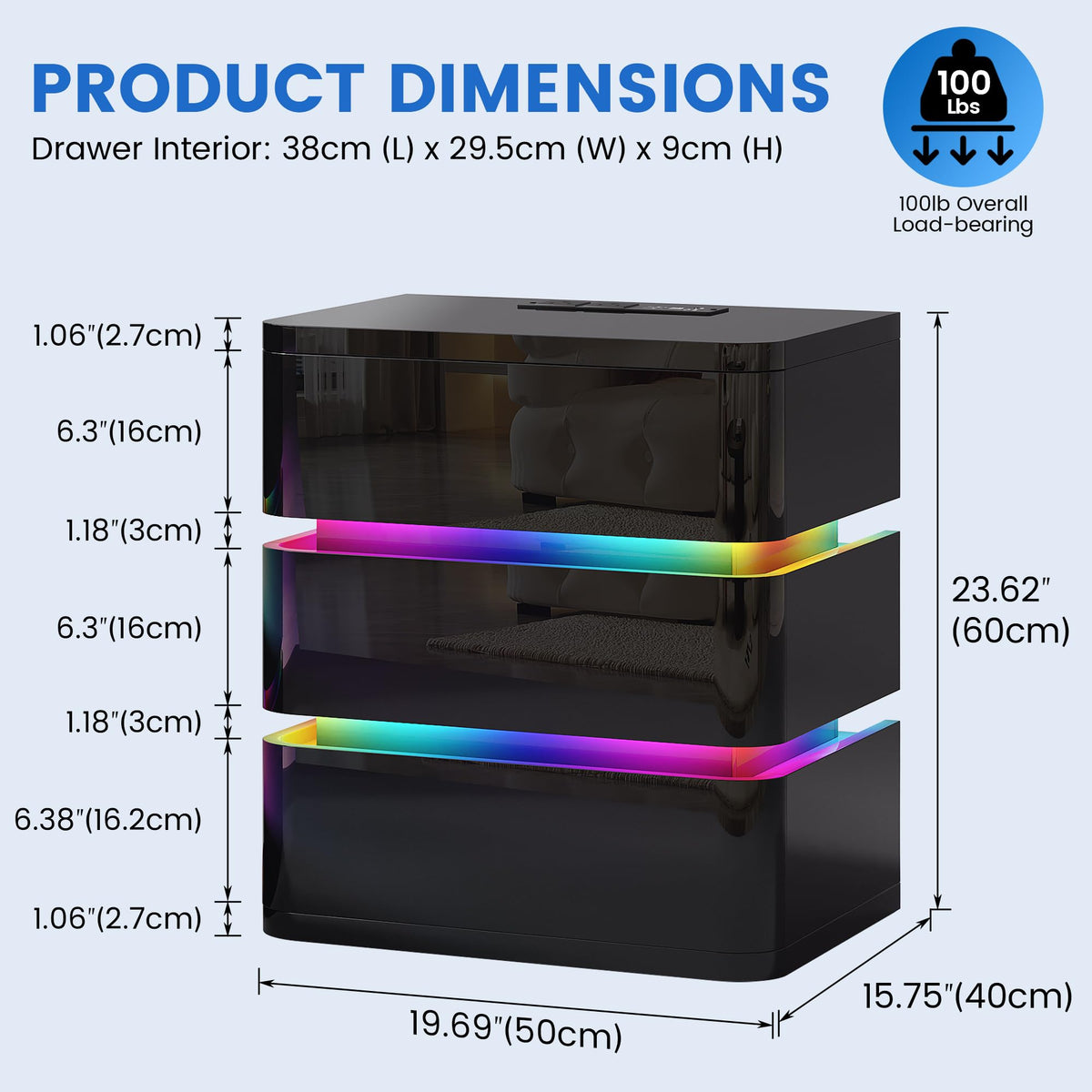 3-Drawer Nightstand with Charging Station & LED Lights Q9238
