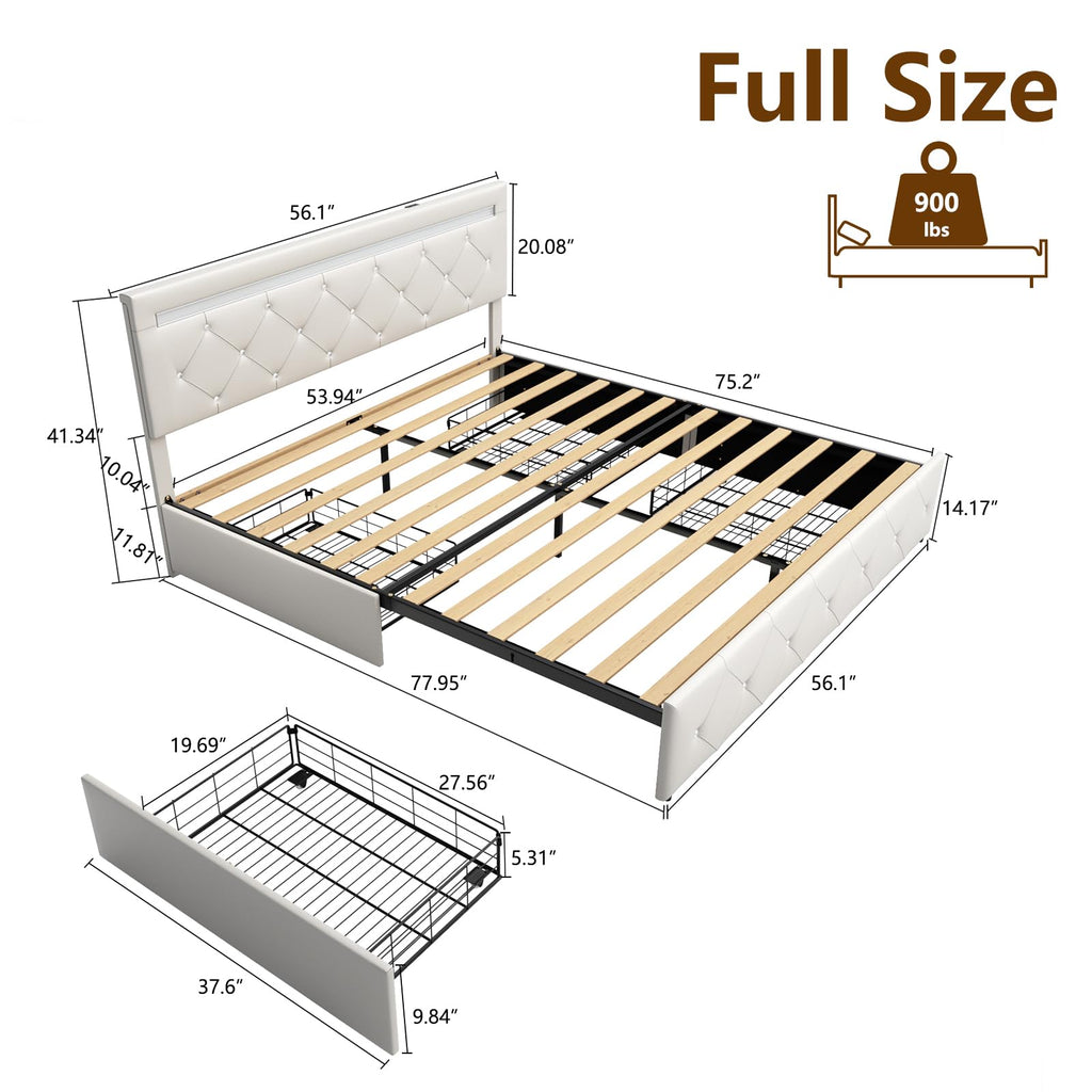 White Full Size Bed Frame with 4 Drawers and LED Light H392967