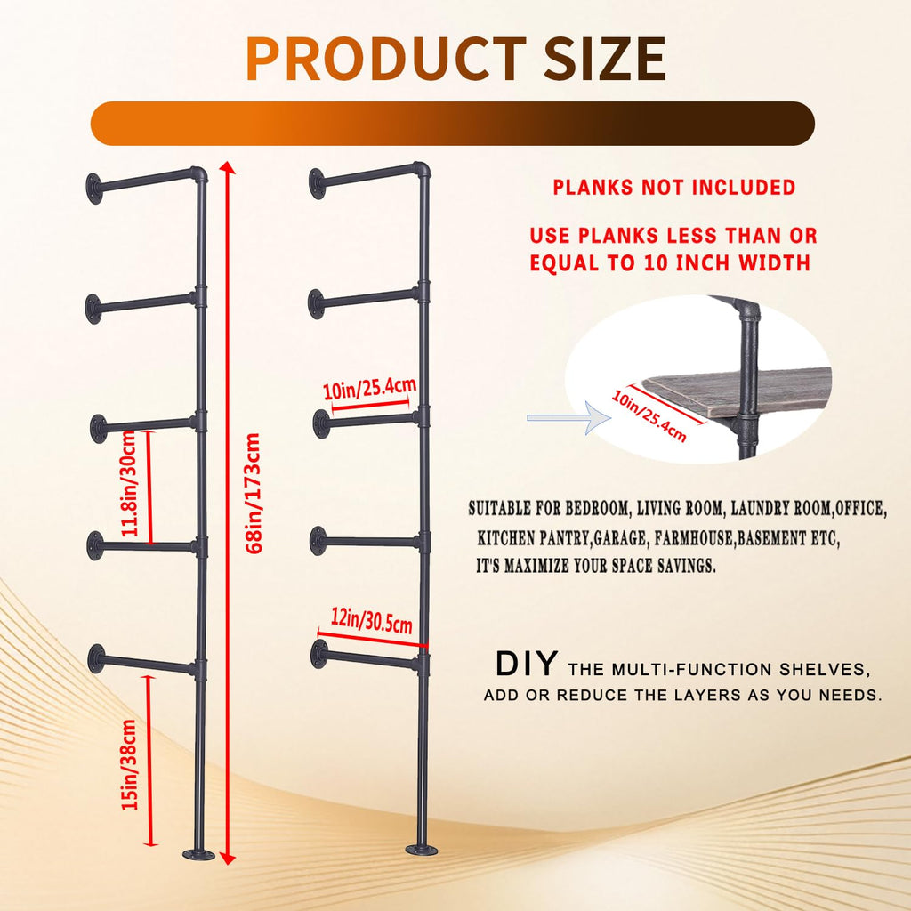 Black Iron Pipe Shelf Bracket, 2Pcs 5 Tier 68" Tall W230363
