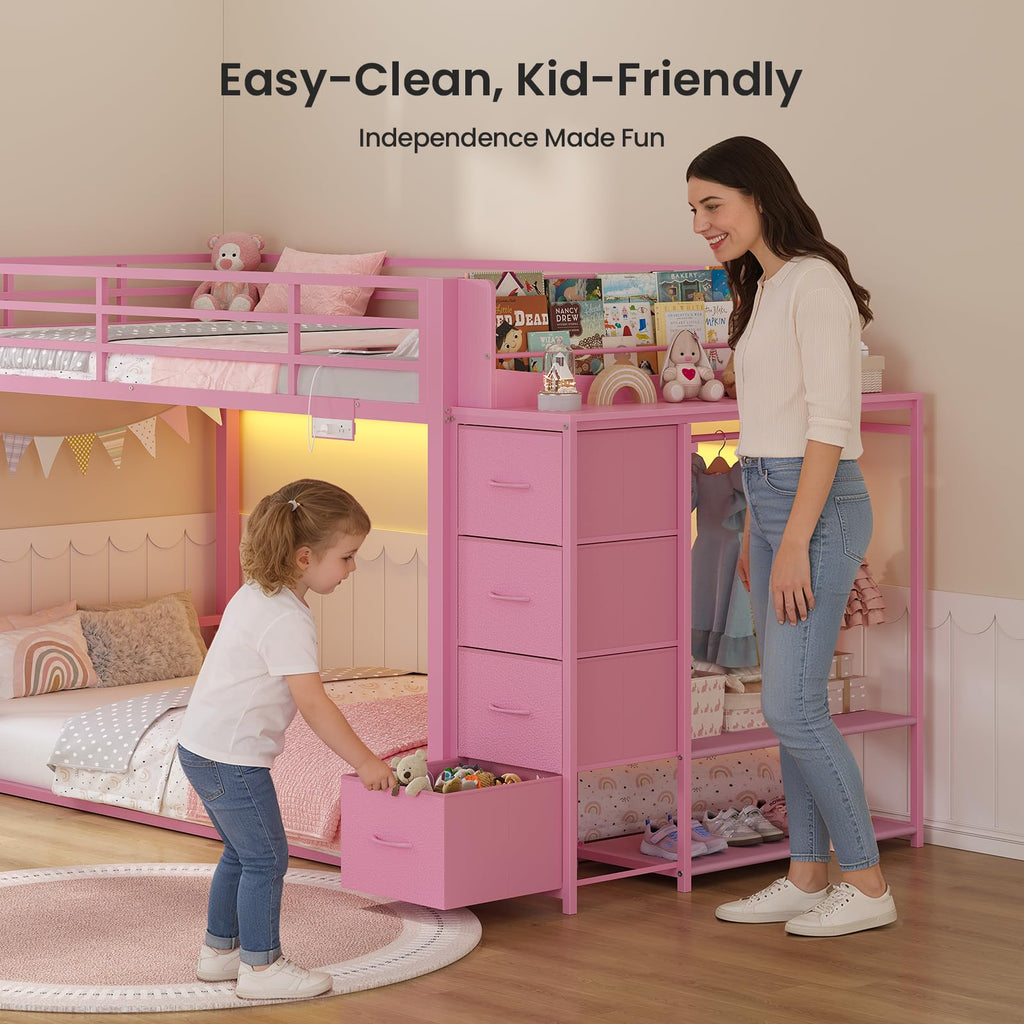 Pink Twin Over Twin Bunk Bed with Bookshelf & Storage Drawer C876